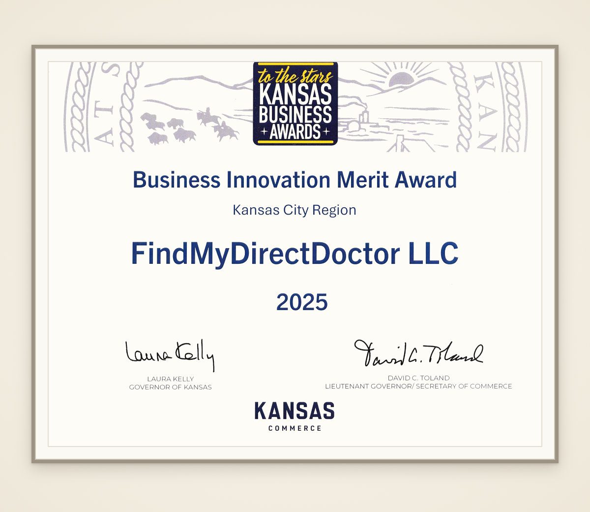 Business Innovation Merit Award certificate, signed by Governor Laura Kelly